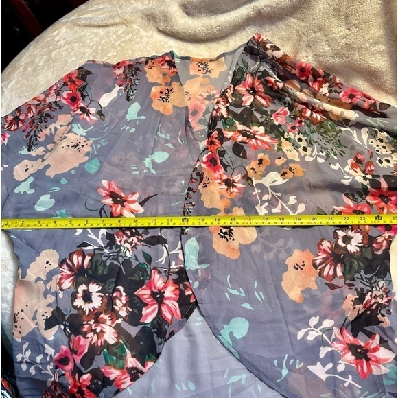 Open Cardigan Blouse Large Grey Floral Pink Gold Peach Sheer Mandarin - Picture 12 of 14